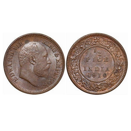 Edward VII, Bronze, ½ Pice, 1910, Calcutta Mint, No Mint Mark. GK 1011. Uncirculated. Scar