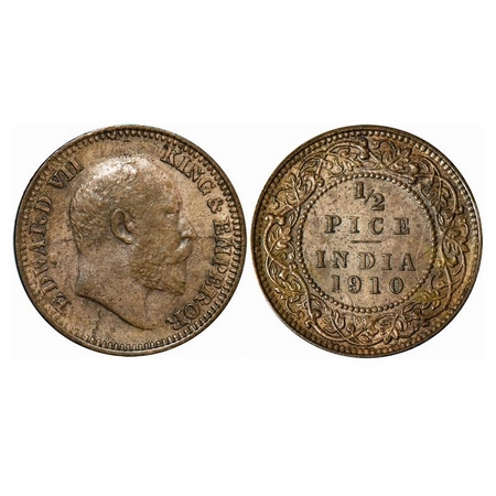 Edward VII, Bronze, ½ Pice, 1910, Calcutta Mint, No Mint Mark, Die Cracks on Obv and Rev. 