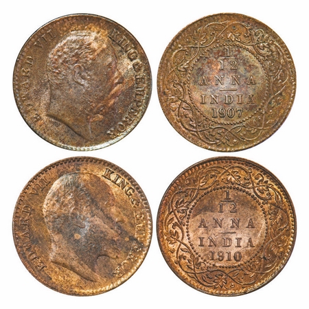 Edward VII, Bronze, 1/12 Anna, (2 Coins), 1) 1907, Calcutta Mint, No dot, 2) 1910, Calcutt