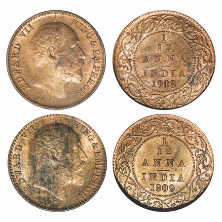 Edward VII, Bronze, 1/12 Anna, (2 slabs), 1908, 1909, Calcutta Mint, No mint mark, Multipl