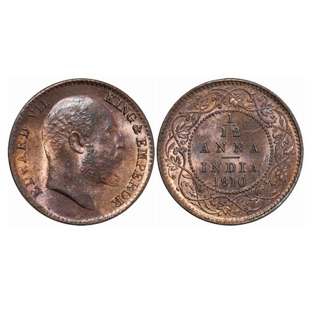 Edward VII, Bronze, 1/12 Anna, 1910, Calcutta Mint, No Mint Mark. GK 1020. Brilliant Uncir