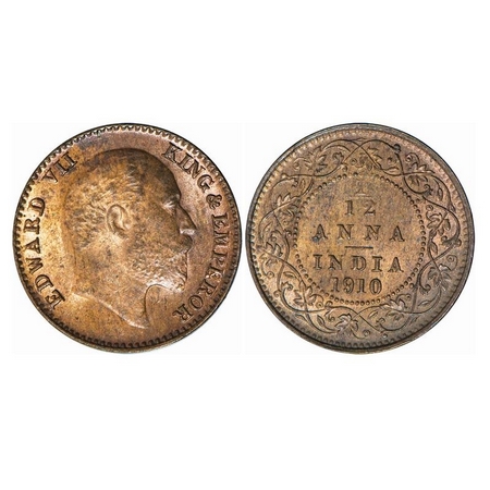 Edward VII, Bronze, 1/12 Anna, 1910, Calcutta Mint, No Mint Mark. GK 1020. Uncirculated. V