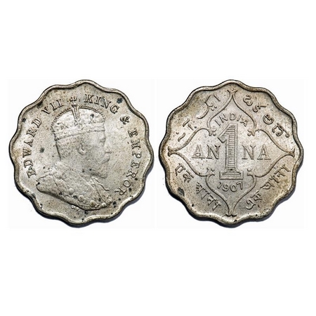Edward VII, Copper-Nickel, 1 Anna, 1907, Bombay Mint, 'B' incused, Die crack on Obv and Re