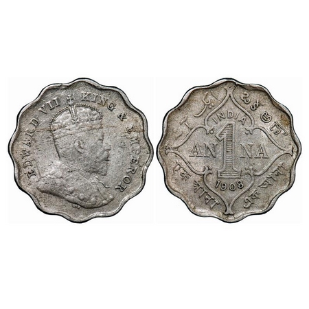 Edward VII, Copper Nickel, 1 Anna, 1908, Bombay Mint, 'B' incused. GK 991. Extremely Fine.