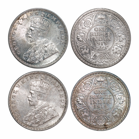 Geroge V, Silver, Rupee (2 coins). 1) 1913, Calcutta Mint, No dot. 2) 1919, Bombay Mint, d