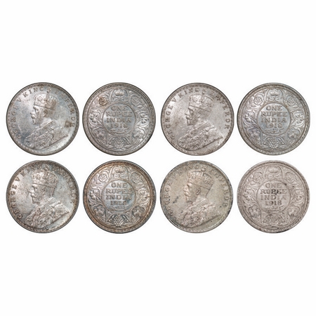 George V, Silver, Rupee, 1918, (4 coins), 1) Calcutta Mint, No dot. 2) Bombay Mint, dot. G
