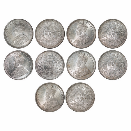 Gerorge V, Silver, Rupee, 1920 (5 coins), Calcutta Mint, No dot. GK 1041. Uncirculated to 
