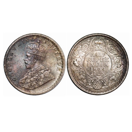 George V, Silver, Half Rupee, 1934, Calcutta Mint, No dot. GK 1074. Brilliant Uncirculated