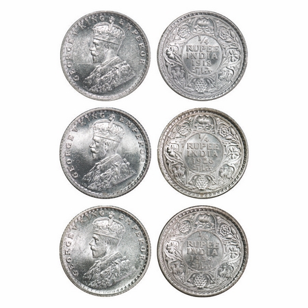 George V, Silver, ¼ Rupee, (3 Coins), 1918, 1926, 1934, Calcutta Mint, No dot. GK 1091, 10