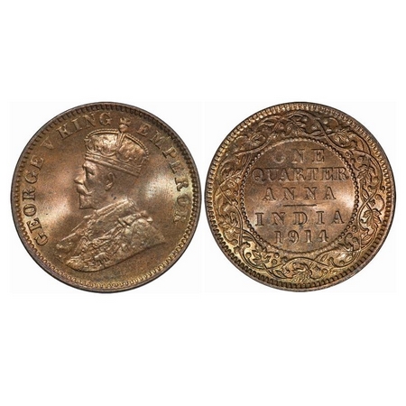 George V, Bronze, Quarter Anna, 1914, Calcutta Mint, No dot. GK 1174. Brilliant Uncirculat