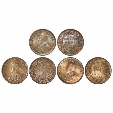 George V, Bronze, Quarter Anna (3 coins). 1) 1914, Calcutta Mint, No Dot, 'A' of Anna can 