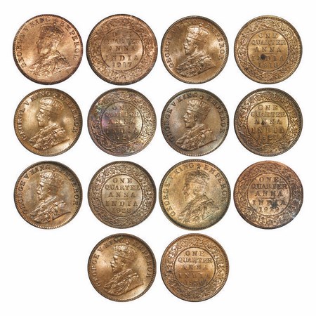 George V, Bronze, Quarter Anna (lot of 7 coins/Slab). 1) 1917, Calcutta Mint, No Dot. 2) 1