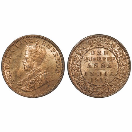George V, Bronze, Quarter Anna, 1918, Calcutta Mint, No dot. GK 1177. Brilliant Uncirculat