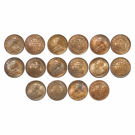 George V, Bronze, Quarter Anna (lot of 8 coins), 1) 1919, Calcutta Mint, No dot, 2) 1920, 