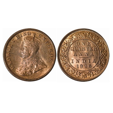George V, Bronze, Quarter Anna, 1926, Calcutta Mint, No dot. GK 1184. Brilliant Uncirculat
