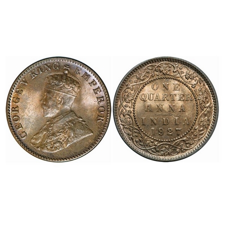 George V, Bronze, Quarter Anna, 1927, Calcutta Mint, No Dot. Elephant Type. GK 1186. Uncir