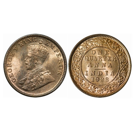 George V, Bronze, Quarter Anna, 1928, Calcutta Mint, No Dot, Elephant Type. GK 1188. Uncir