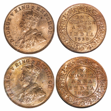 George V, Bronze, Quarter Anna, (2 slabs), 1930, 1) Bombay Mint, Dot, 2) Bombay Mint, Dot,