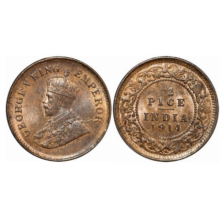 George V, Bronze, ½ Pice, 1914, Calcutta Mint, No Mint Mark. GK 1200. Uncirculated. Scarce