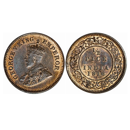 George V, Bronze, 1/2 Pice, 1916, Calcutta Mint, No Mint Mark. GK 1202, Uncirculated Toned