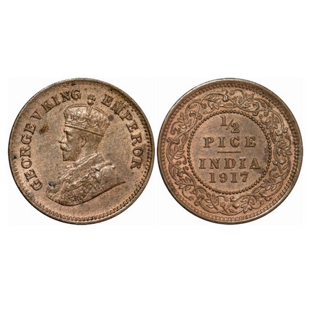 George V, Bronze, ½ Pice, 1917, Calcutta Mint, No Mint Mark. GK 1203. Brilliant Uncirculat