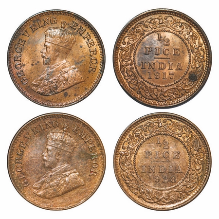 George V, Bronze, ½ Pice, (2 Coins), 1917, 1928, Calcutta Mint, No mint mark. GK 1203, 121