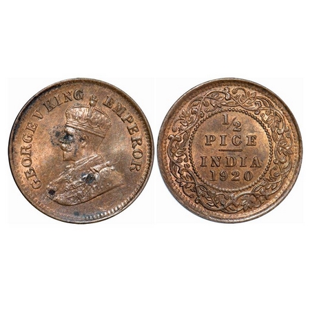 George V, Bronze, ½ Pice, 1920, Calcutta Mint, No Mint Mark. GK 1206. Brilliant Uncirculat