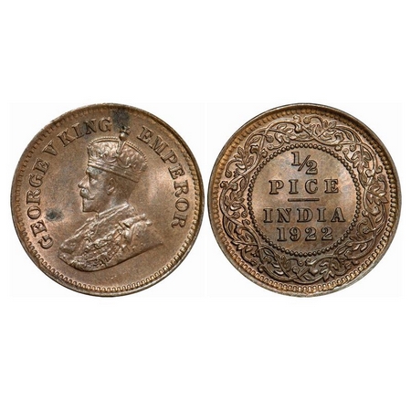 George V, Bronze, ½ Pice, 1922, Calcutta Mint, No Mint Mark. GK 1208. Brilliant Uncirculat