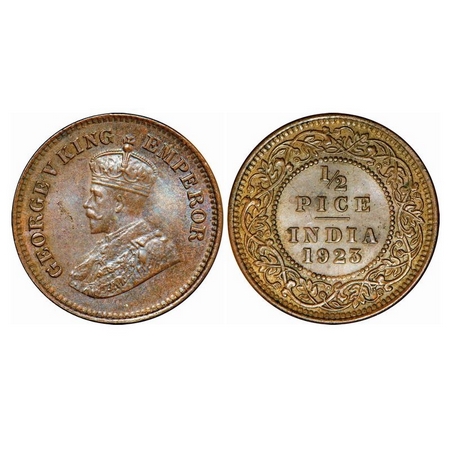 George V, Bronze, ½ Pice, 1923, Calcutta Mint, No Mint Mark. GK 1209. About Uncirculated. 