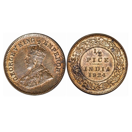 George V, Bronze, ½ Pice, 1924, Calcutta Mint, No Mint Mark. GK 1210. Uncirculated. Scarce
