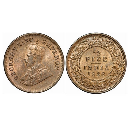 George V, Bronze, ½ Pice, 1928, Calcutta Mint, No Mint Mark. GK 1214. Brilliant Uncirculat