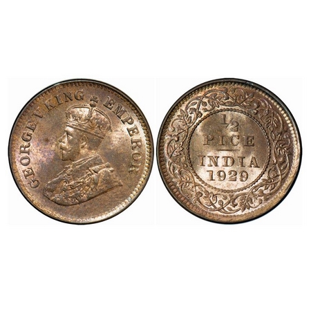 George V, Bronze, ½ Pice, 1929, Calcutta Mint, No Mint Mark. GK 1215. Brilliant Uncirculat