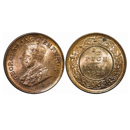 George V, Bronze, ½ Pice, 1929, Calcutta Mint, No Mint Mark. GK 1215. Uncirculated. Scarce