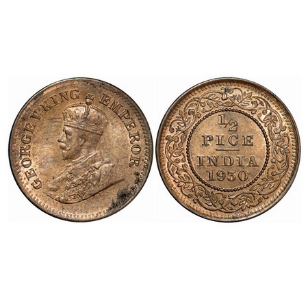 George V, Bronze, ½ Pice, 1930, Calcutta Mint, No Mint Mark. GK 1216. Brilliant Uncirculat