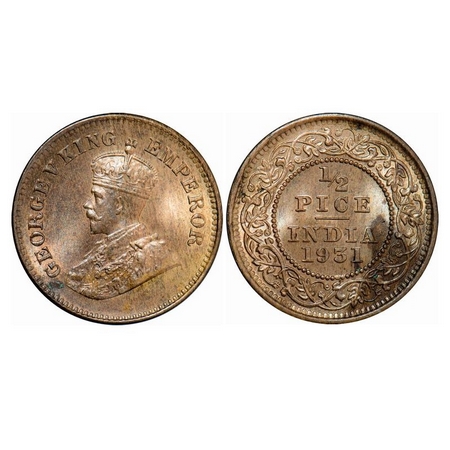George V, Bronze, ½ Pice, 1931, Calcutta Mint, No Mint Mark. GK 1217. Brilliant Uncirculat