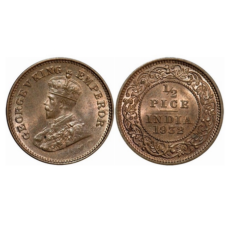 George V, Bronze, ½ Pice, 1932, Calcutta Mint, No Mint Mark. GK 1228. Brilliant Uncirculat