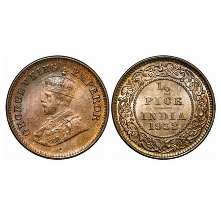 George V, Bronze, ½ Pice, 1932, Calcutta Mint, No Mint Mark. Ghost on Rev. GK 1218. Uncirc