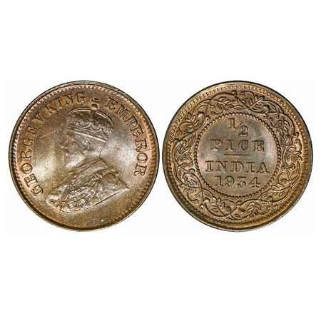 George V, Bronze, ½ Pice, 1934, Calcutta Mint, No Mint Mark. GK 1220. Uncirculated. Scarce