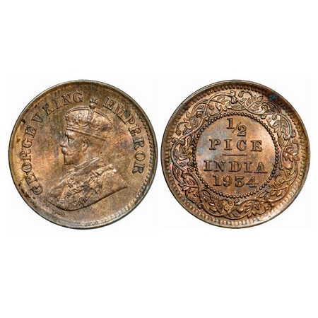 George V, Bronze, ½ Pice, 1934, Calcutta Mint, No Mint Mark. GK 1220. Uncirculated. Scarce