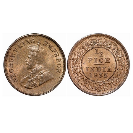 George V, Bronze, ½ Pice, 1935, Calcutta Mint, No Mint Mark. GK 1221. Brilliant Uncirculat