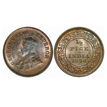George V, Bronze, ½ Pice, 1936, Calcutta Mint, No Mint Mark. GK 1222. Uncirculated. Scarce