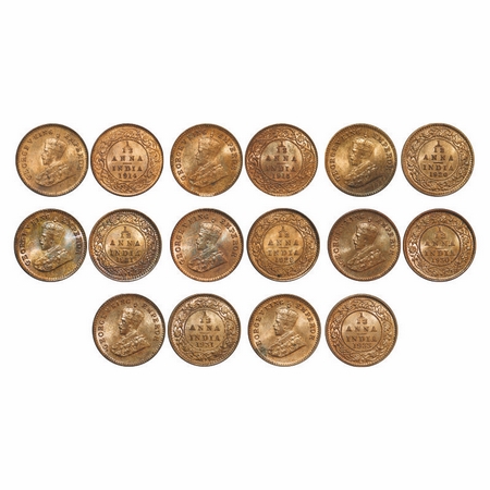 George V, Bronze, 1/12 Anna (lot of 8 coins), 1) 1914, Calcutta Mint, No dot, 2) 1915, Cal
