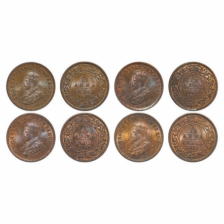 George V, Bronze, 1/12 Anna, (4 Coins), 1) 1924, Calcutta Mint, No dot, 2 & 3) 1926, Calcu