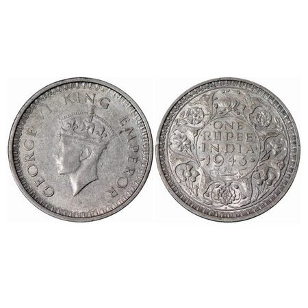 George VI, Half Silver, Rupee, 1943, Bombay Mint, B(a)/II, Diamond, Security Edge, Large 3