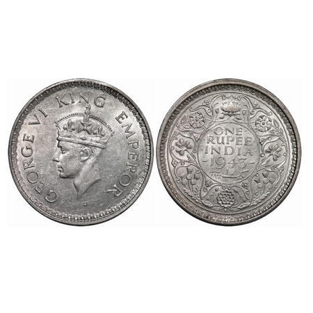 George VI, Half Silver, Rupee, 1943, Bombay Mint, C/III, Diamnond, Security edge, Large 3,