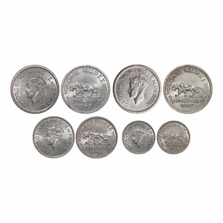 Gerorge VI, Nickel (4 coins) 1) Rupee, 1947, Bombay Mint, E/IV, Diamond Mint Mark, Securit