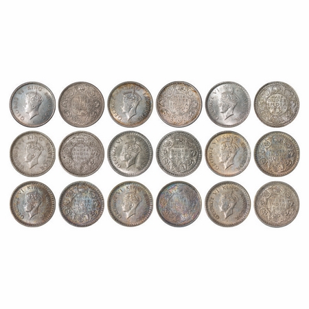 George VI, Mix Metal, Half Rupee, (lot of 9 coins), 1) 1939, Silver, Bombay Mint, A/I, Hea