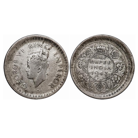 George VI, Half Silver, Half Rupee, 1943, Bombay Mint, B/II, dot, Head type II, security e