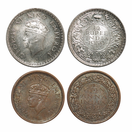 George VI, Mix Metal, 1/4 Rupee (2 coins), 1939, 1) Silver, Bombay Mint, Head Type I, Rev 