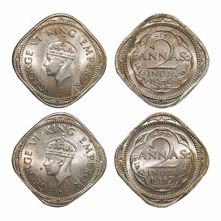 George VI, Copper-Nickel, 2 Annas, (2 Coins), 1946, 1947, Calcutta Mint, Head Type II, No 
